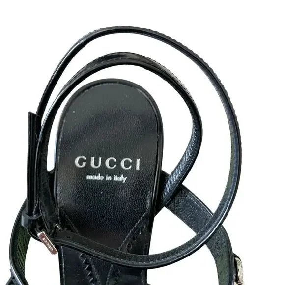 GUCCI Women's Horsebit Caged T Strap High Heel Sandals Black Silver 37.5 US 7.5 - Picture 10 of 16